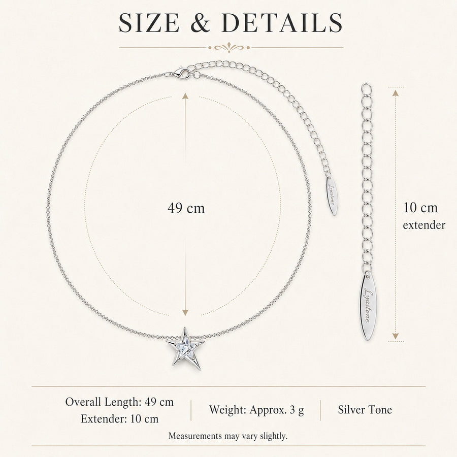 Astra Star Necklace size guide showing 49 cm chain, 10 cm extender and 3 g weight