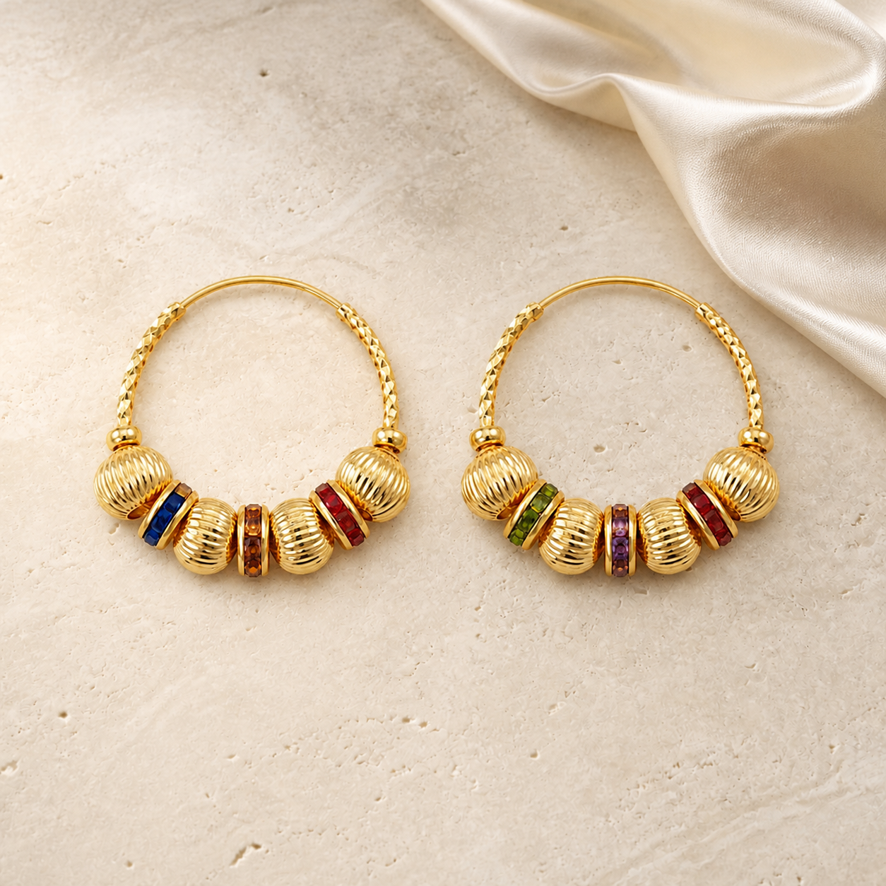 Aurelia Bead Hoop Earrings in gold with multicolour crystal beads