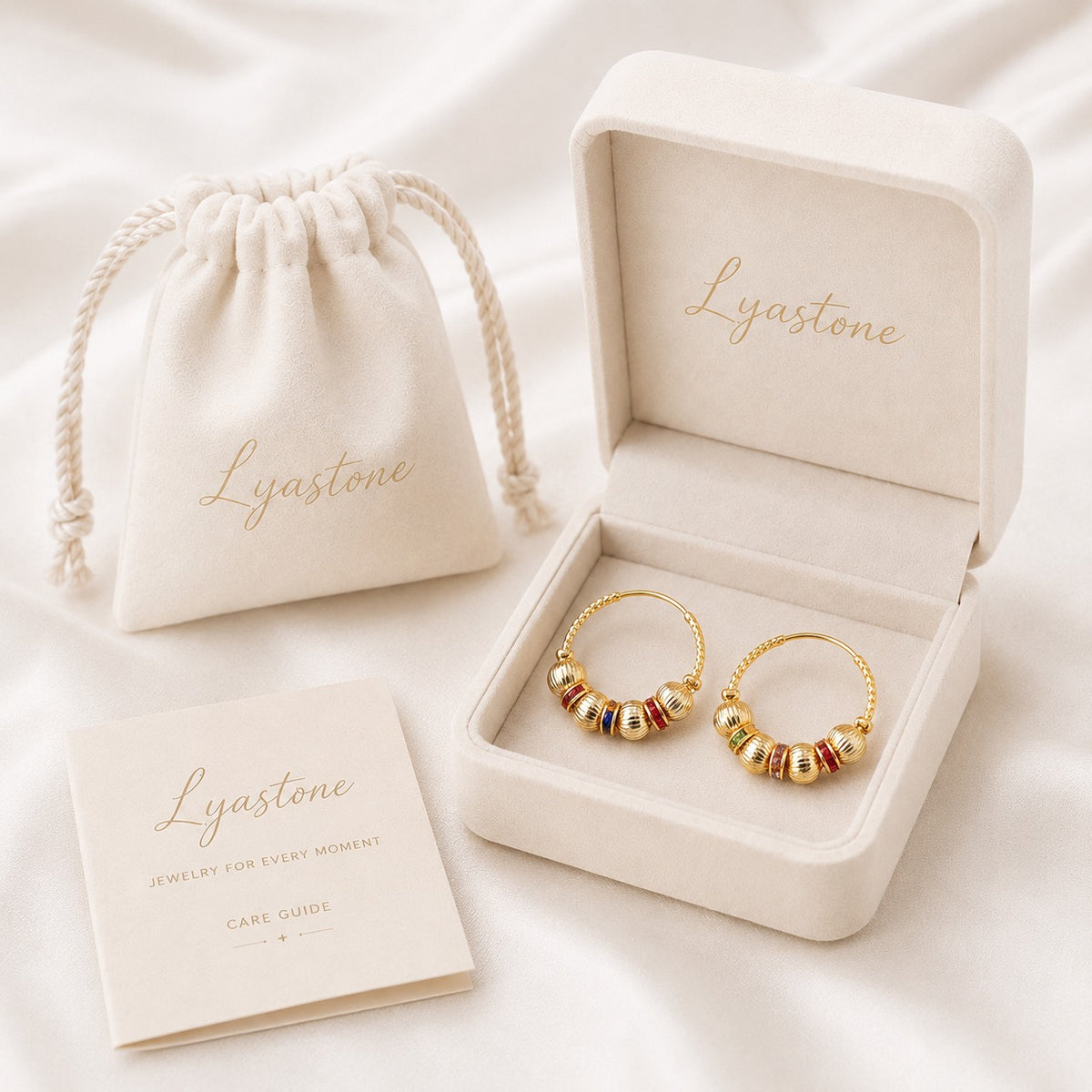 Aurelia Bead Hoop Earrings displayed in Lyastone jewellery packaging