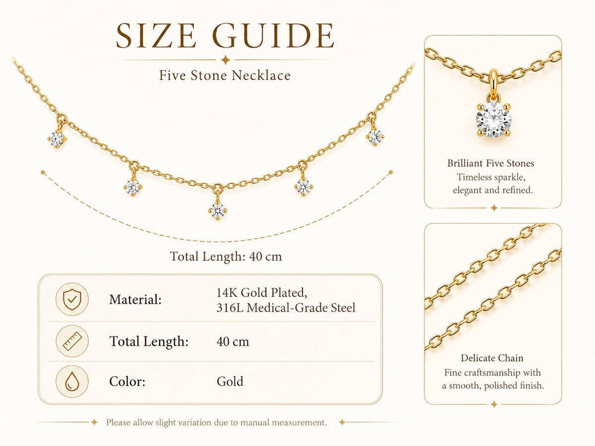 Aurelia Five-Stone Gold Necklace size guide showing 40 cm chain length and material details
