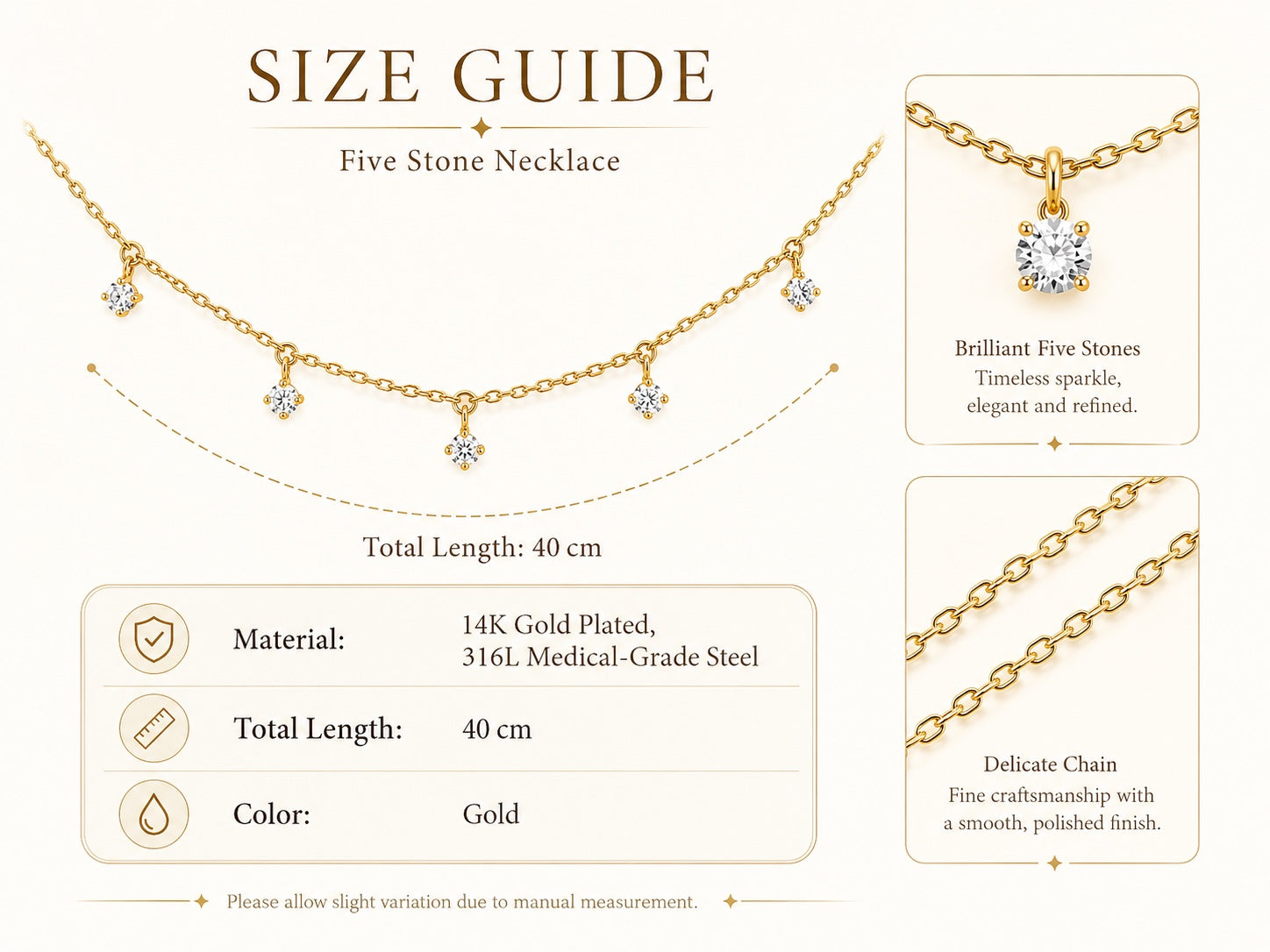 Aurelia Five-Stone Gold Necklace size guide showing 40 cm chain length and material details