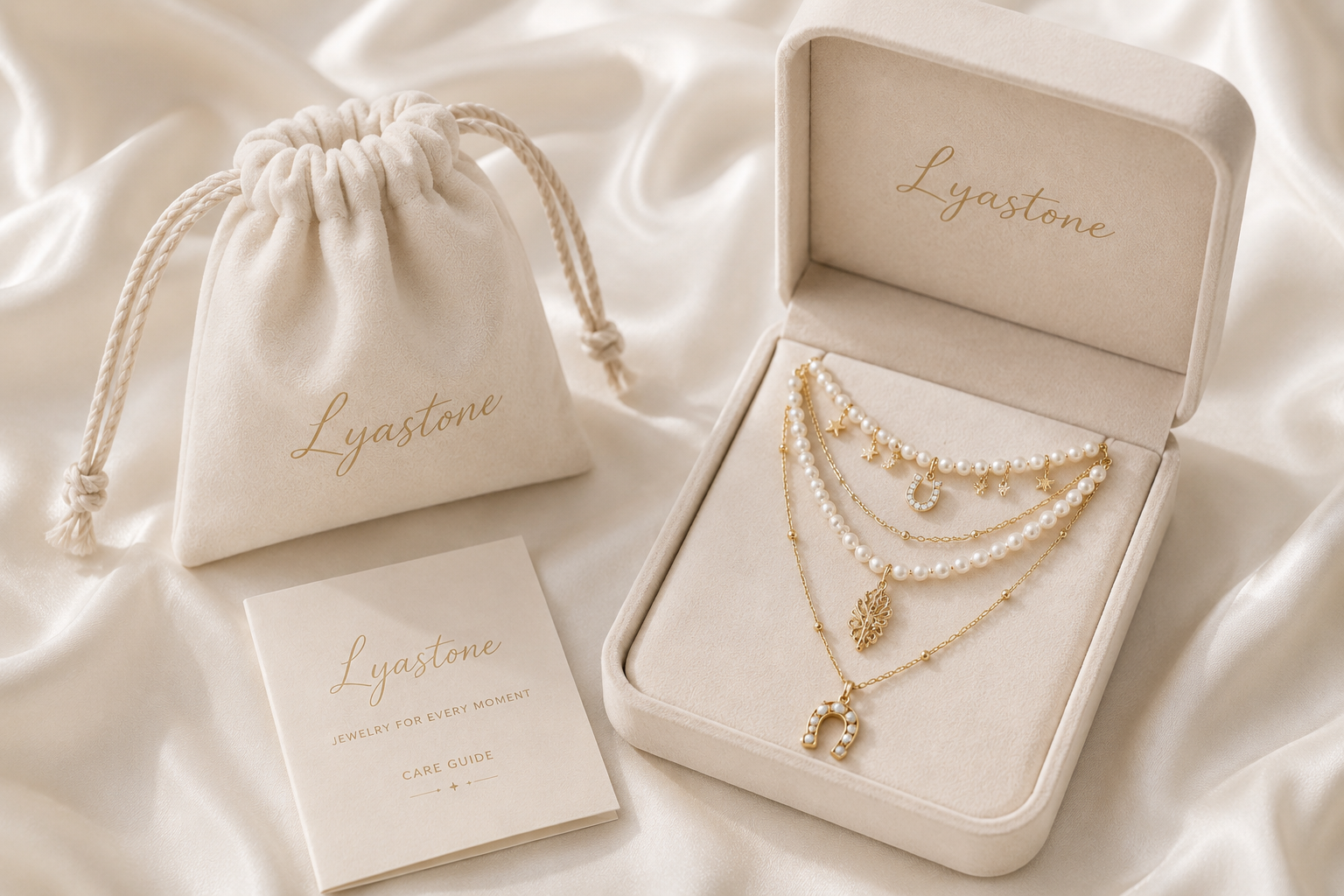 Aurora Equestrian Pearl Layered Necklace presented in Lyastone gift packaging