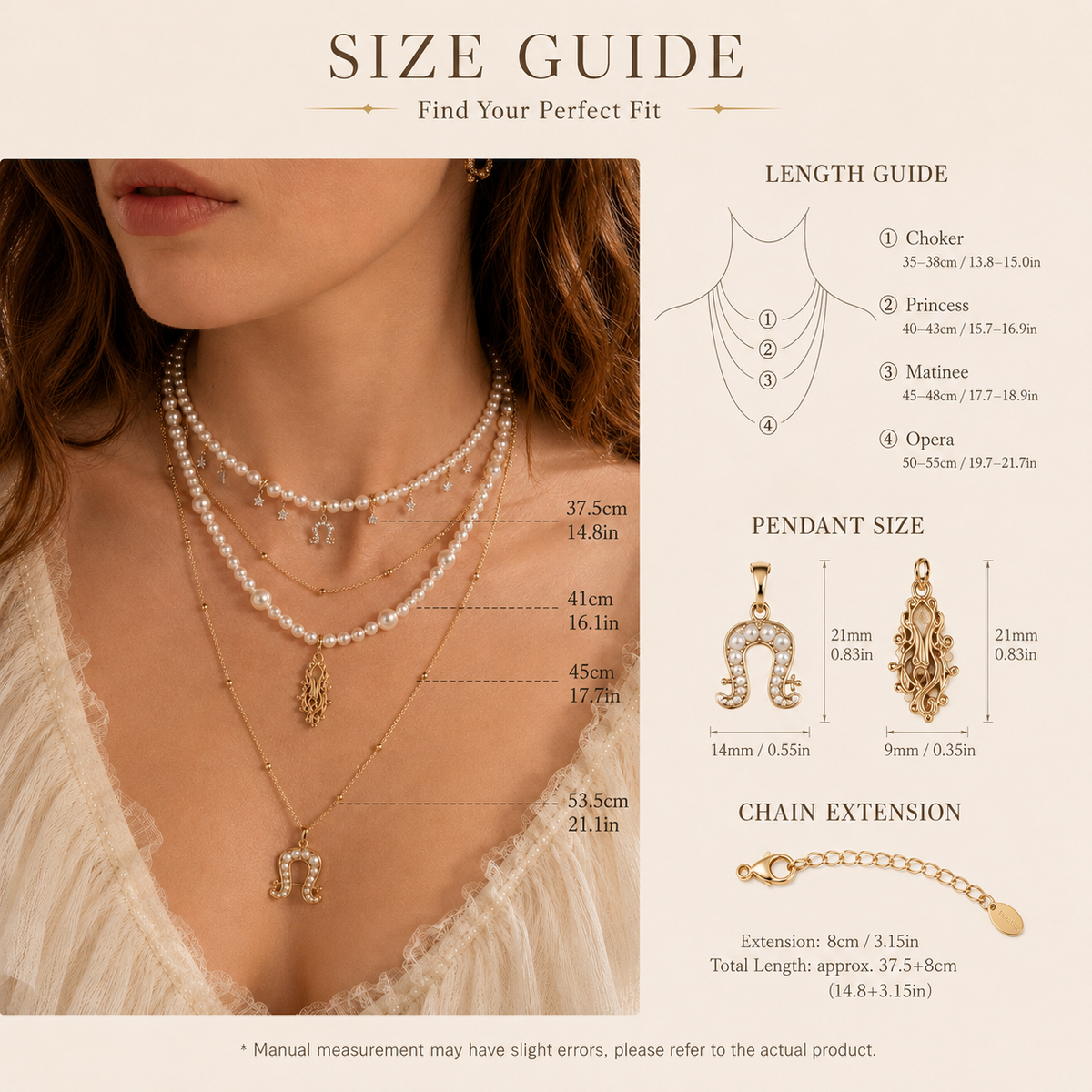 Aurora Equestrian Pearl Layered Necklace size and pendant guide