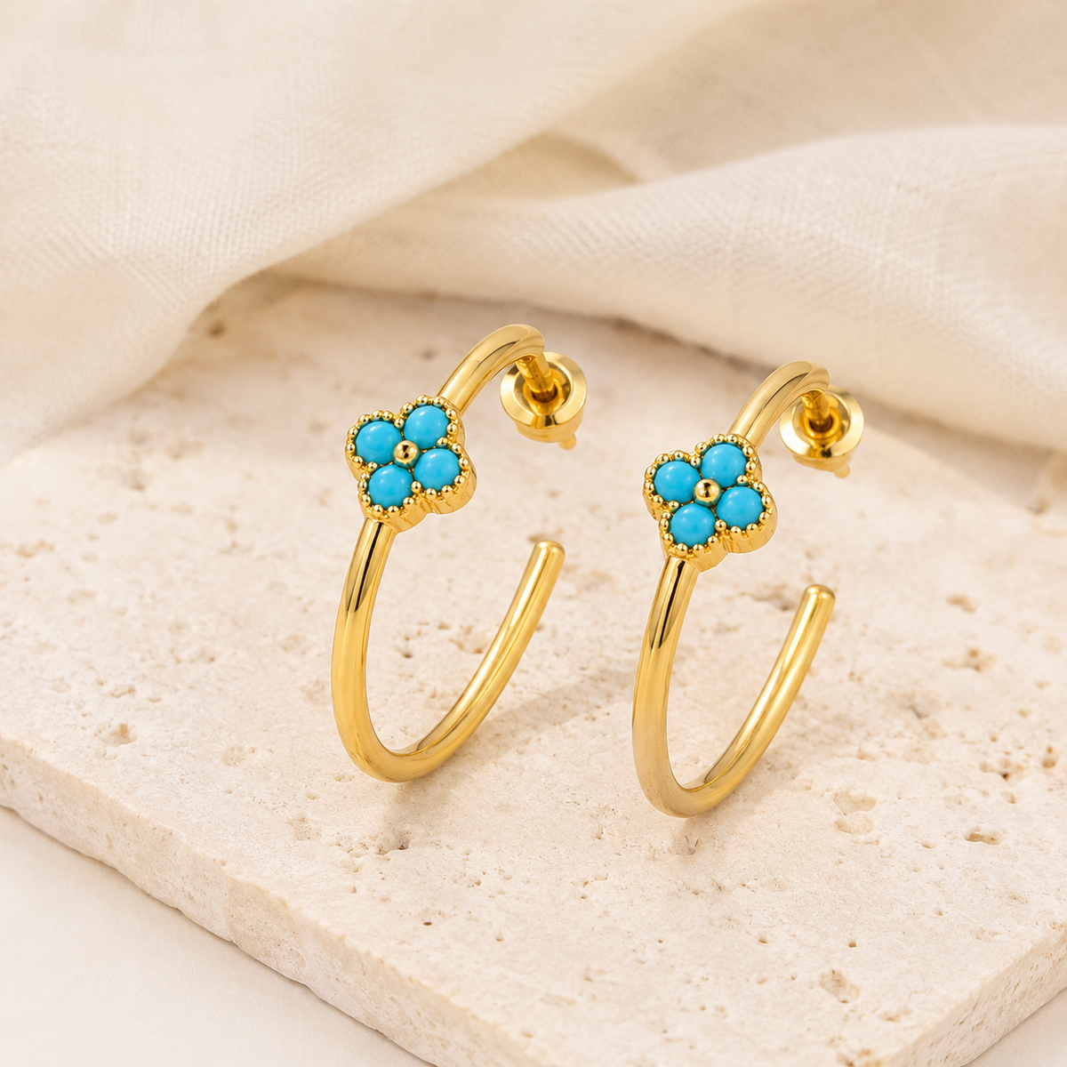 Azure Bloom Gold Hoop Earrings
