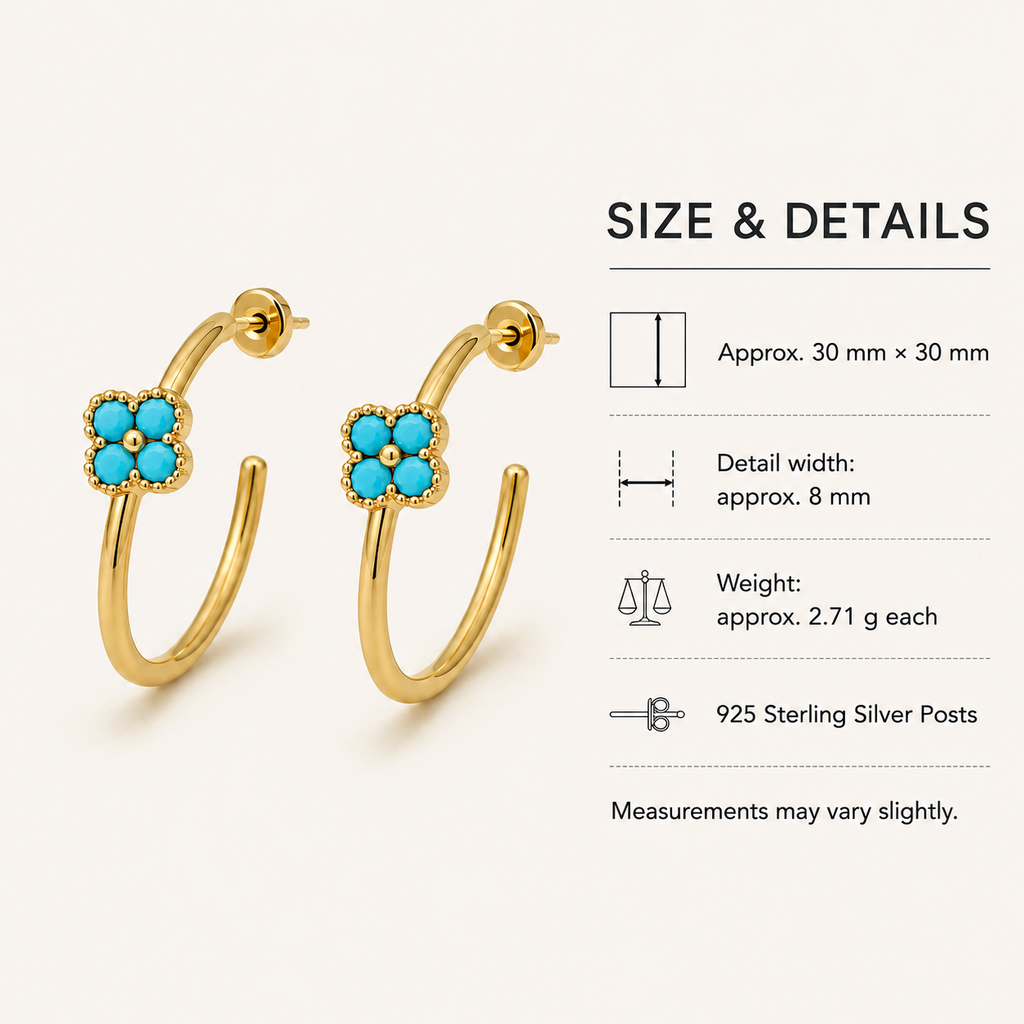 Azure Bloom Gold Hoop Earrings size guide showing a 30 mm profile, 8 mm detail and 925 sterling silver posts.