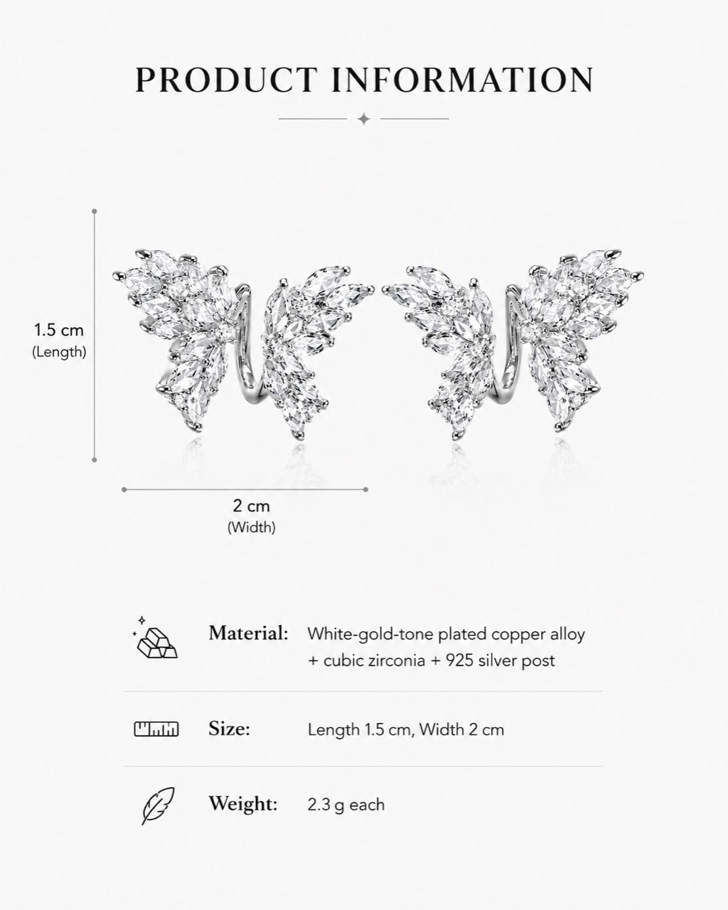 Size and material information for Lyastone butterfly zircon stud earrings