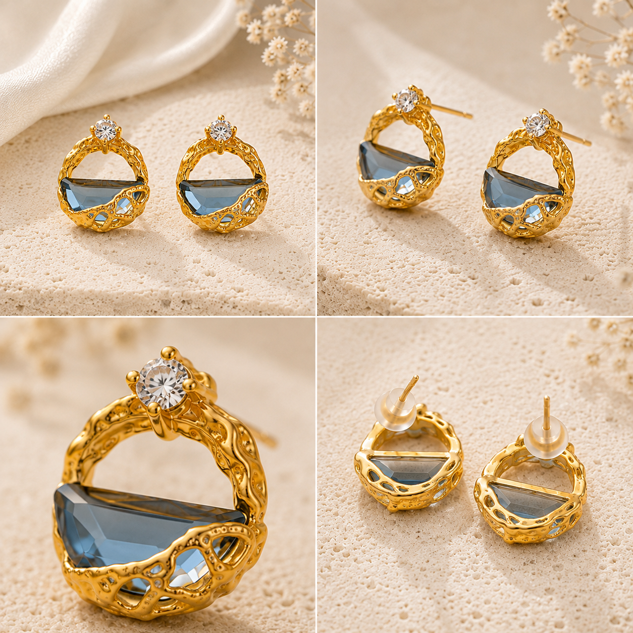 Celeste earrings detail views showing blue faceted crystals, textured gold-tone alloy and S925 silver posts
