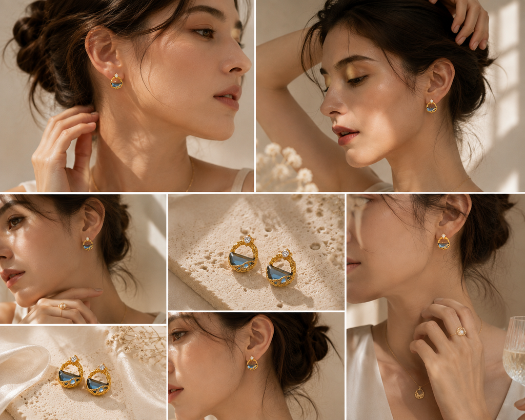 Celeste blue crystal earrings styled on a model and in warm neutral jewellery scenes