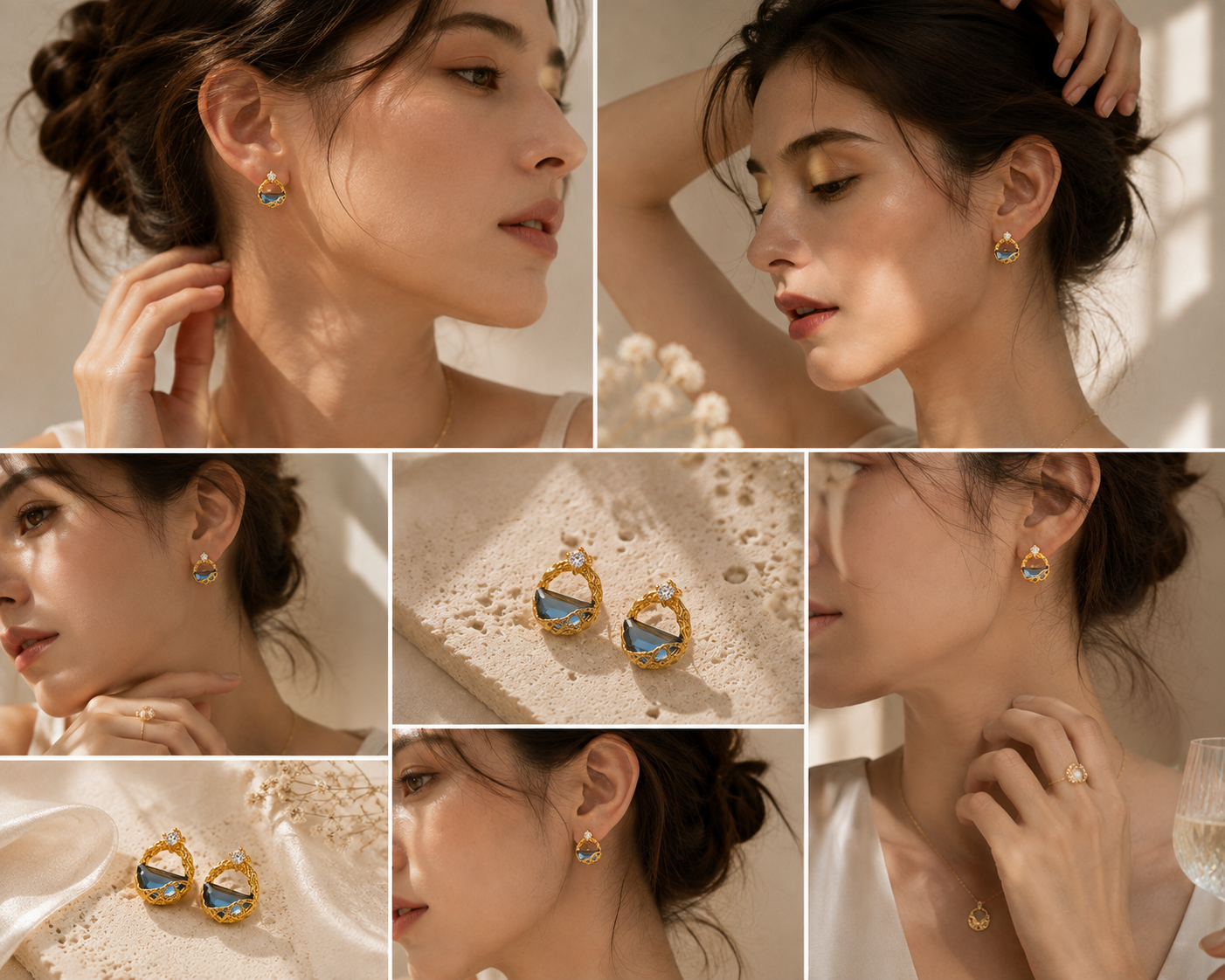 Celeste blue crystal earrings styled on a model and in warm neutral jewellery scenes