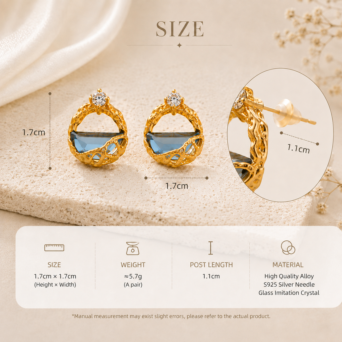 Celeste earrings size guide showing approximately 1.7 cm by 1.7 cm, 5.7 g per pair, colour-retention alloy, S925 silver posts and glass imitation crystal