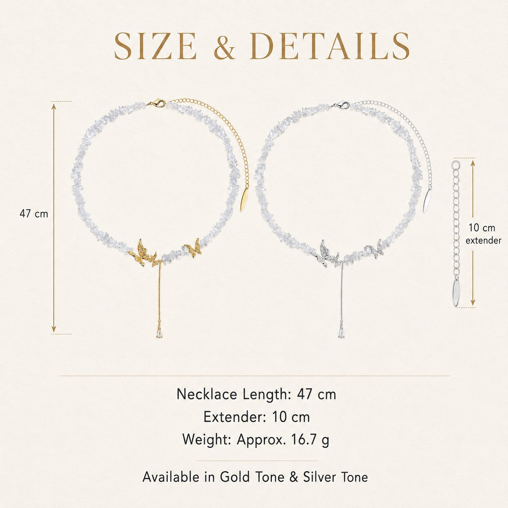 Size guide for the 47 cm crystal butterfly necklace with 10 cm extender.