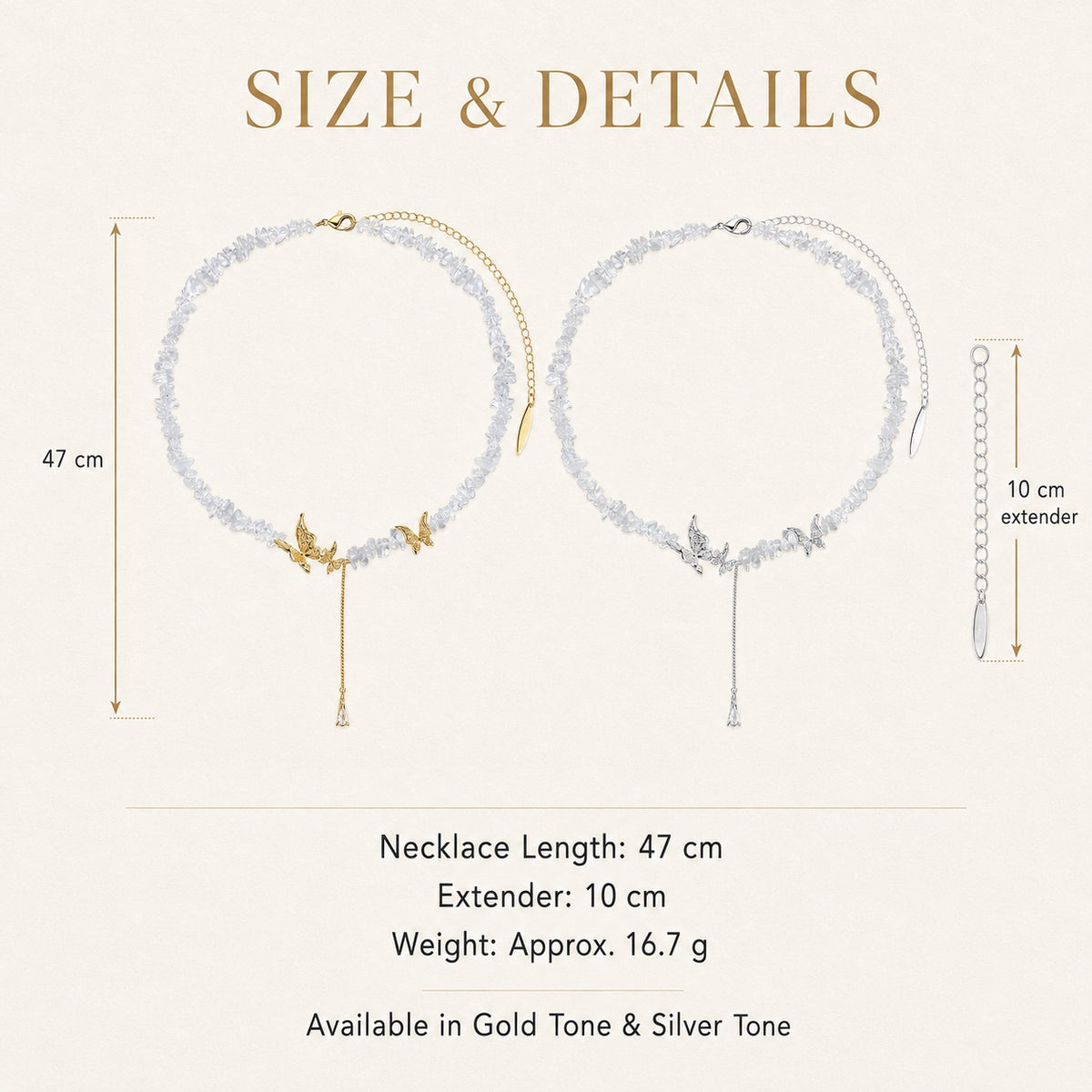 Size guide for the 47 cm crystal butterfly necklace with 10 cm extender.