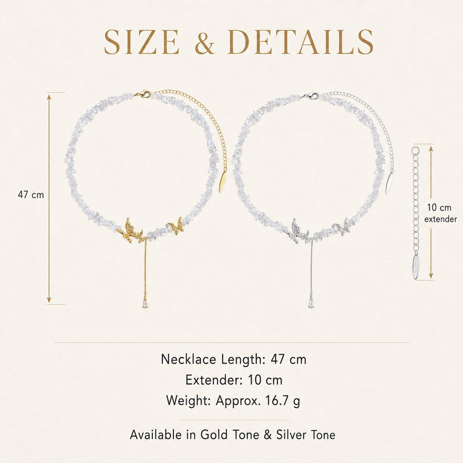 Size guide for the 47 cm crystal butterfly necklace with 10 cm extender.