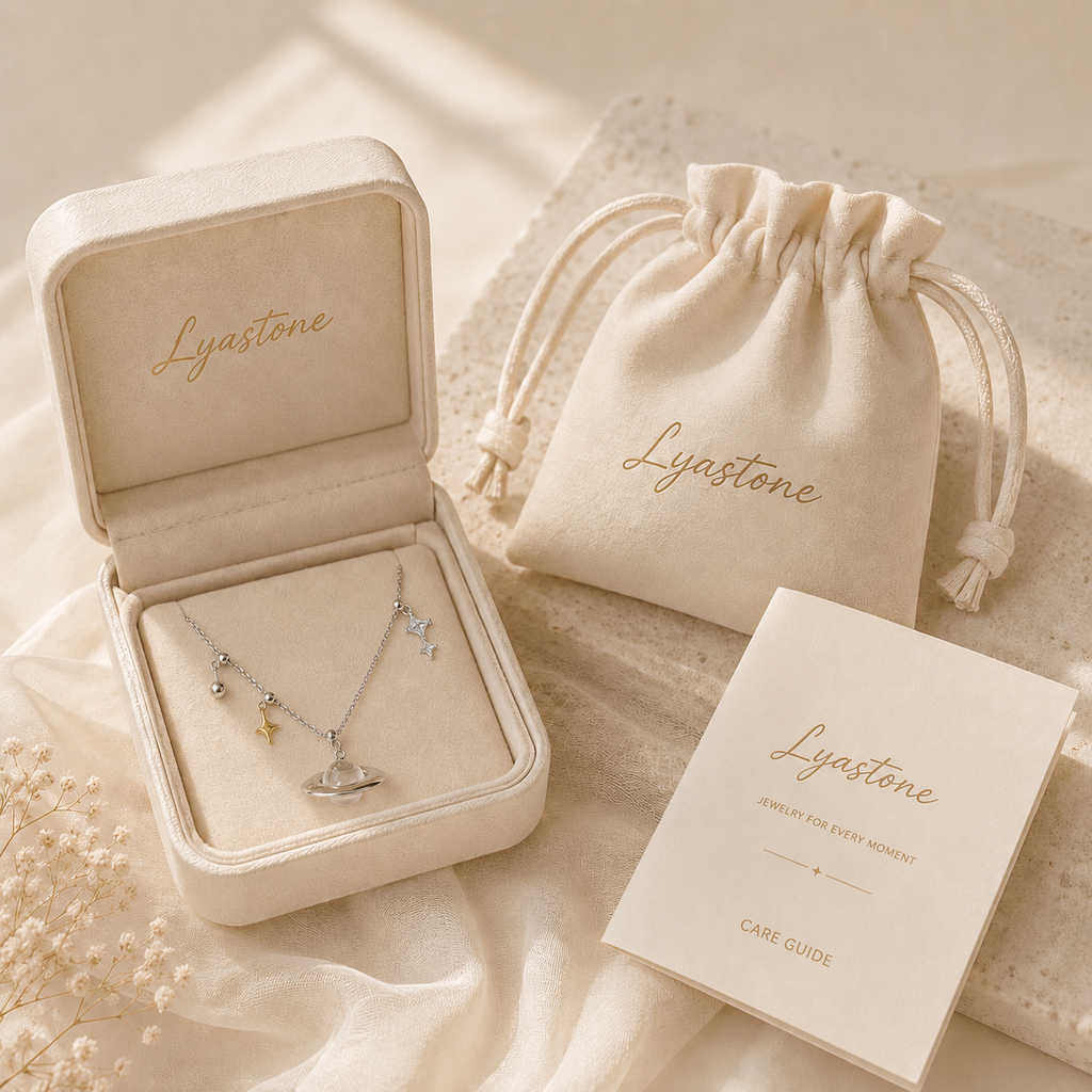 Celestial Drift Necklace presented in Lyastone gift packaging
