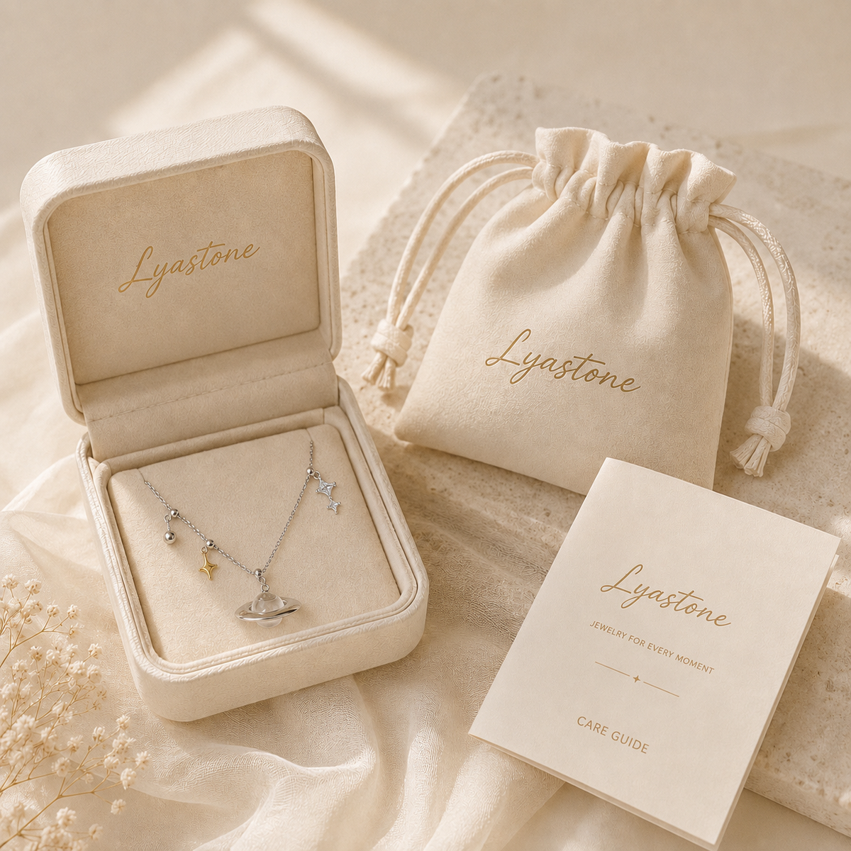 Celestial Drift Necklace presented in Lyastone gift packaging
