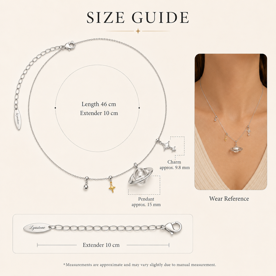 Celestial Drift Necklace size guide showing 46 cm length and 10 cm extender