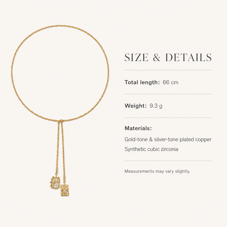 Celestial Duo Lariat Necklace size guide showing a 66 cm total length and 9.3 g weight.
