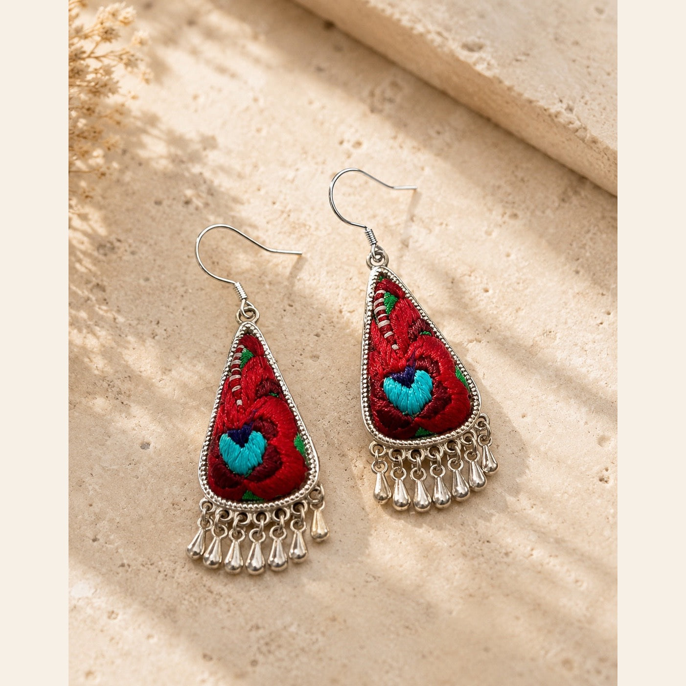 Crimson Bloom Hand-Embroidered Drop Earrings – Lyastone Jewellery