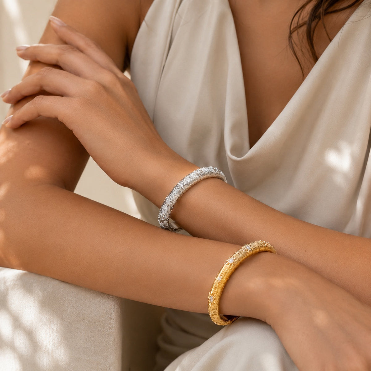 Dreamweave Star Open Cuff worn on wrist