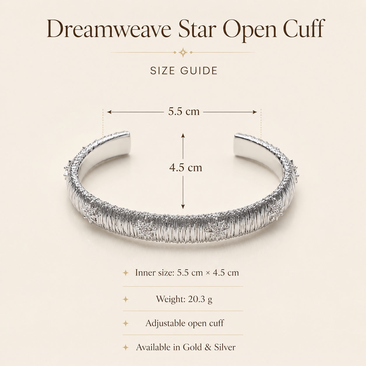 Size guide for Dreamweave Star Open Cuff