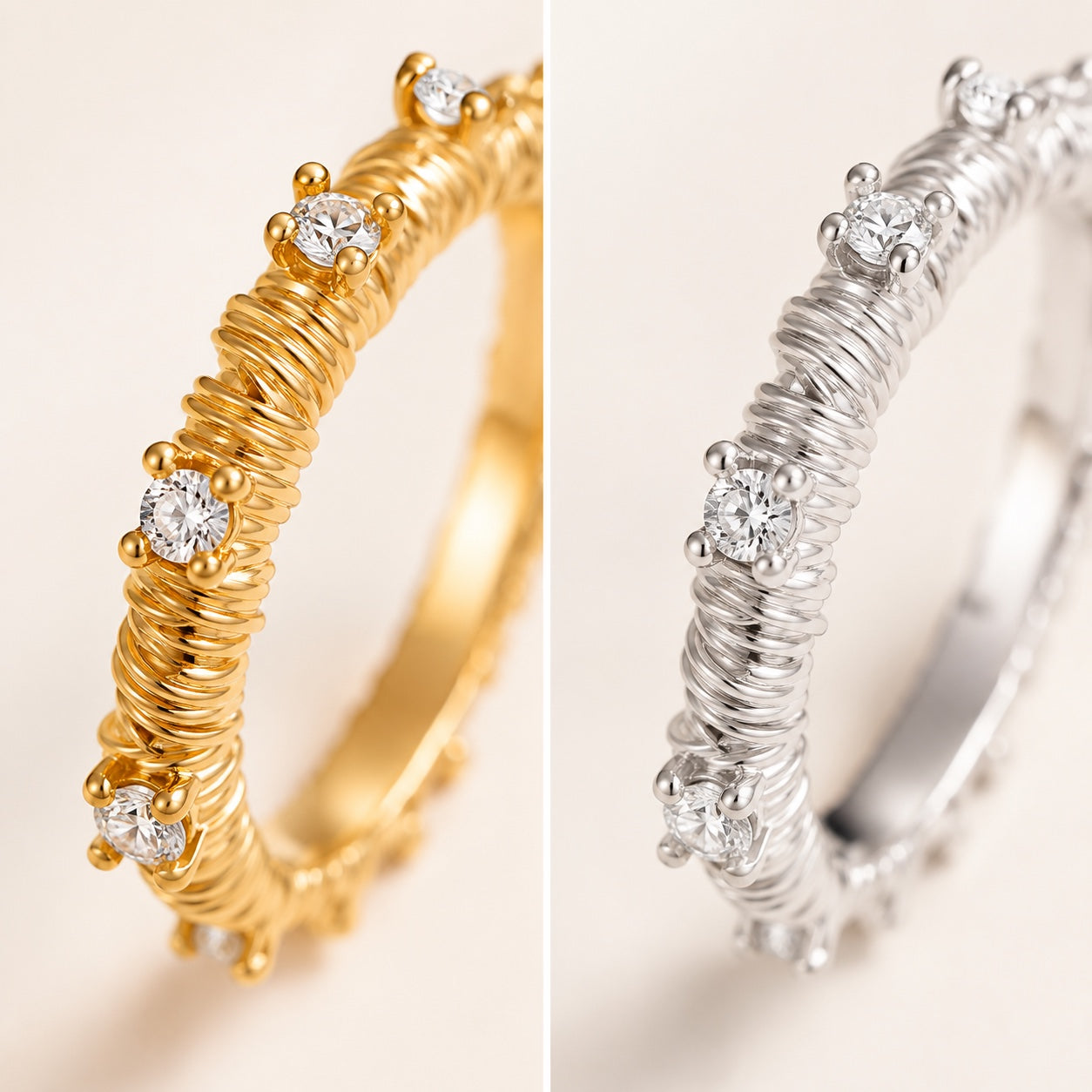 Close-up detail of Dreamweave Starry Textured Ring in gold and silver