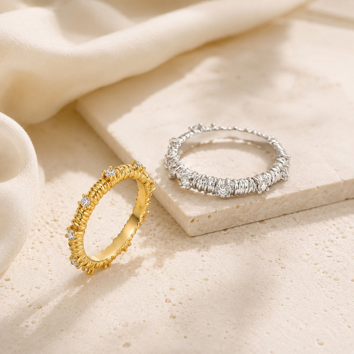 Dreamweave Starry Textured Ring on warm travertine
