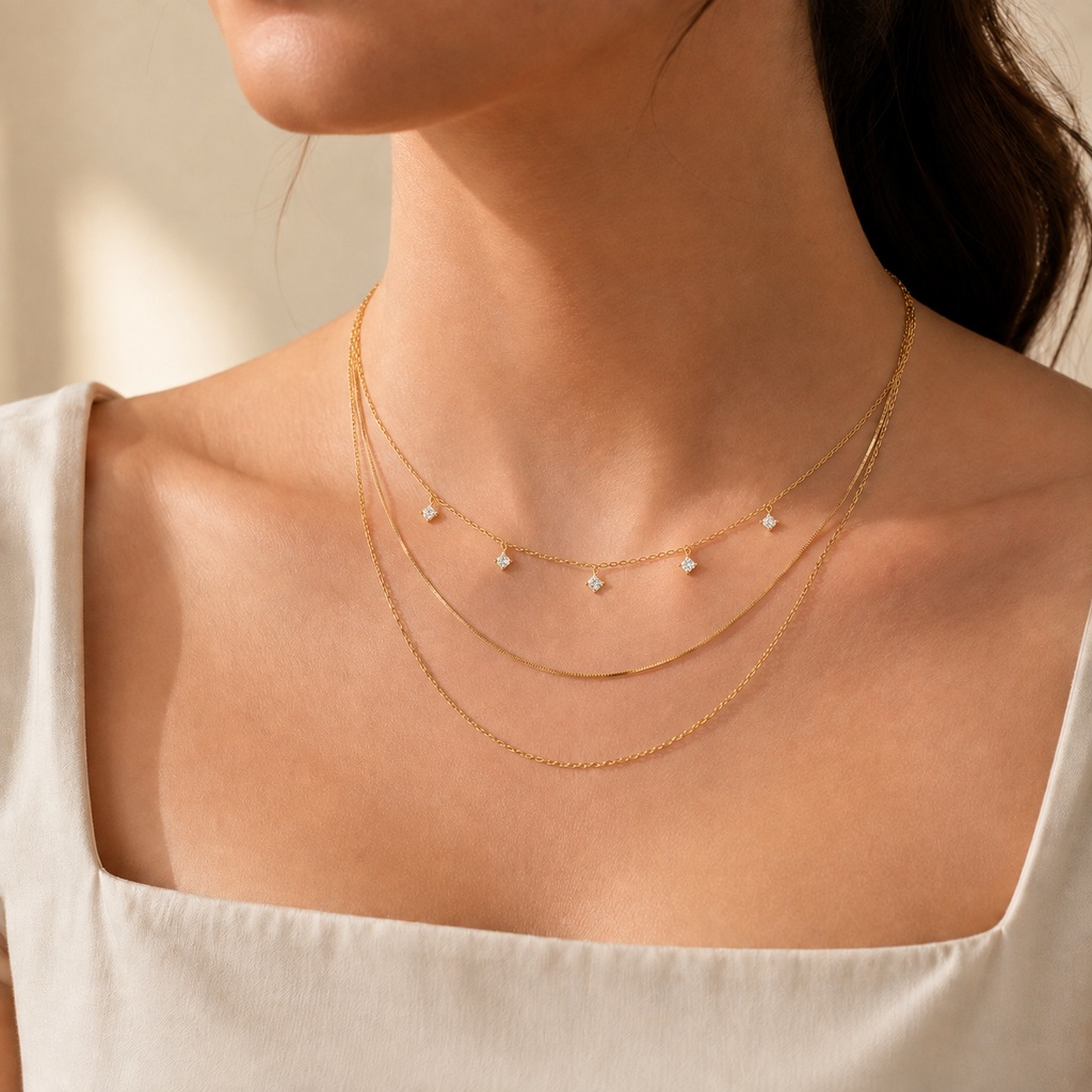 Woman wearing the gold-tone Elara three-layer crystal necklace for everyday styling