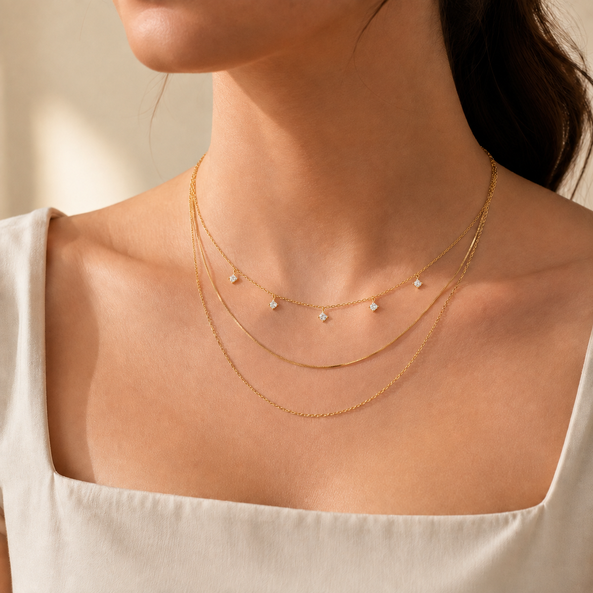 Woman wearing the gold-tone Elara three-layer crystal necklace for everyday styling