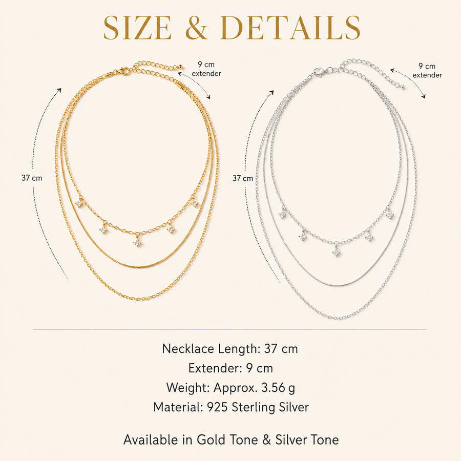 Elara necklace size guide showing 37 cm length, 9 cm extender and 3.56 g weight