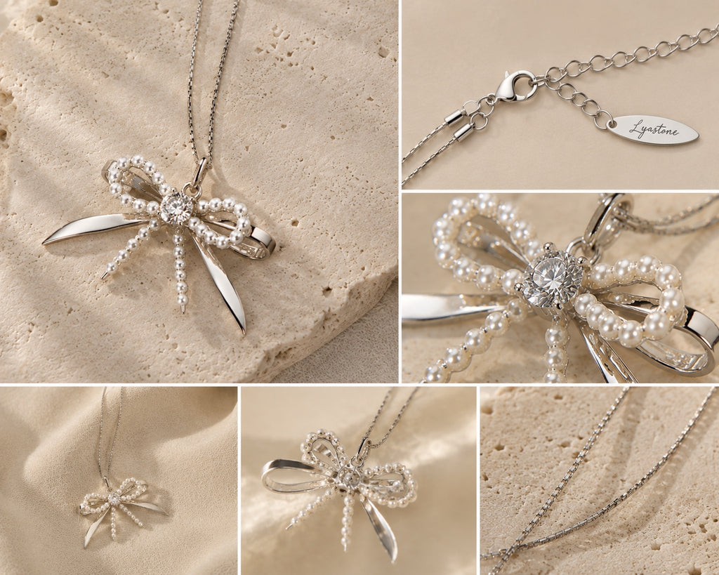 Élodie pearl bow necklace macro detail, clasp, chain and pendant