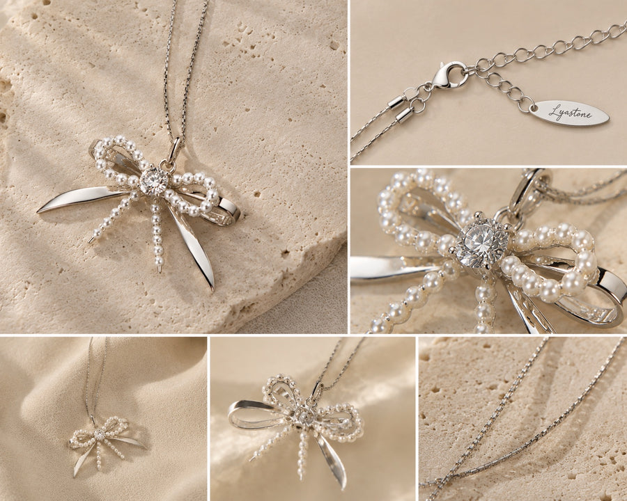 Élodie pearl bow necklace macro detail, clasp, chain and pendant
