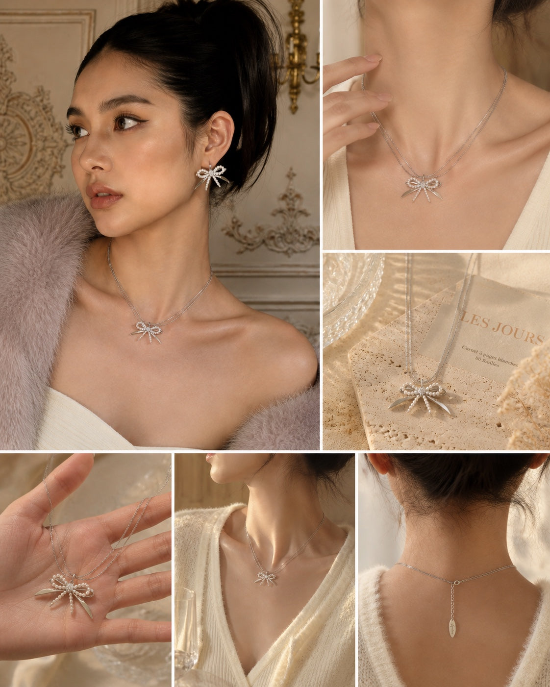 Élodie pearl bow necklace styled on model for occasion wear