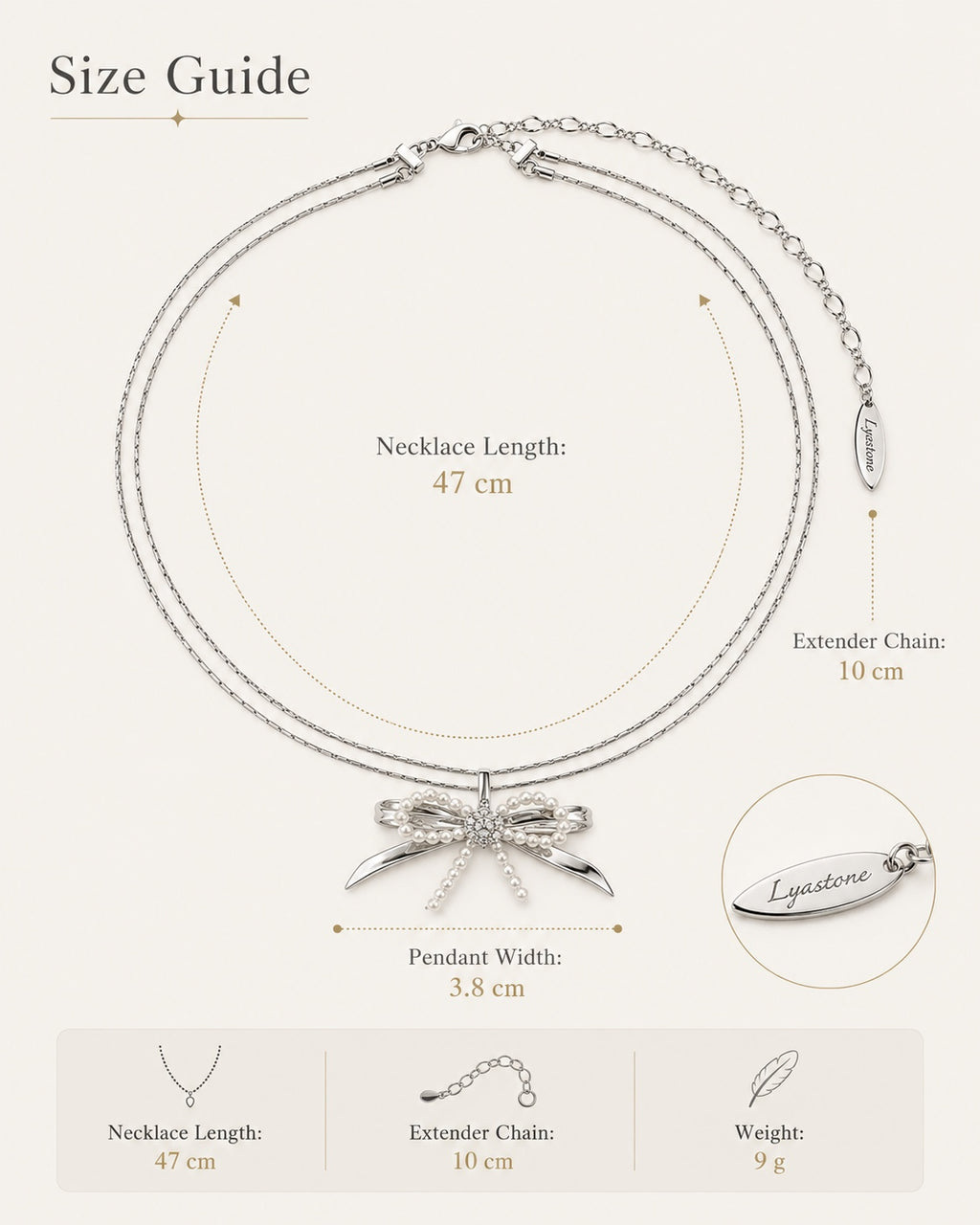 Élodie pearl bow necklace size guide 47 cm chain, 10 cm extender, 3.8 cm pendant