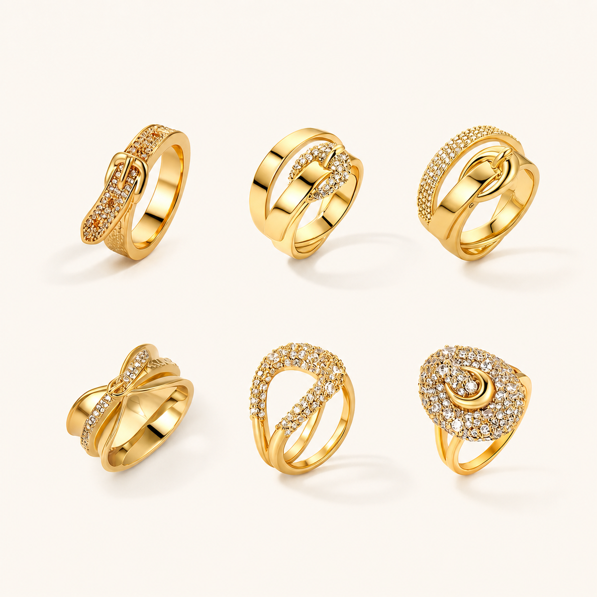 Fortuna Horsebit Ring Collection main product image showing six gold ring designs