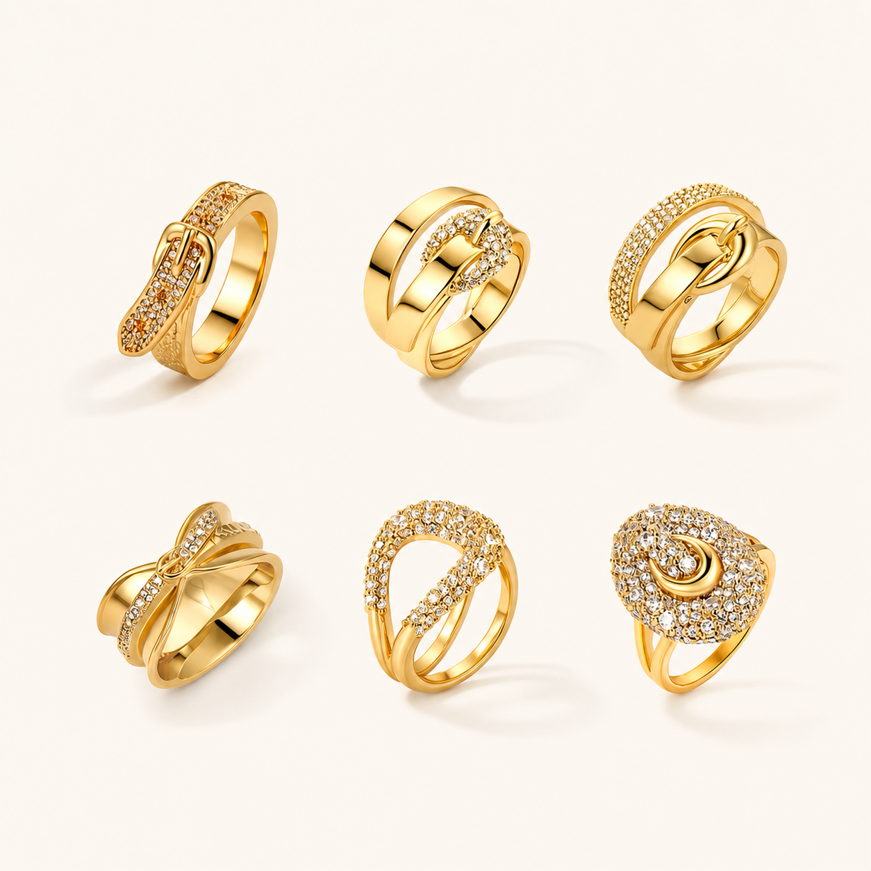 Fortuna Horsebit Ring Collection main product image showing six gold ring designs