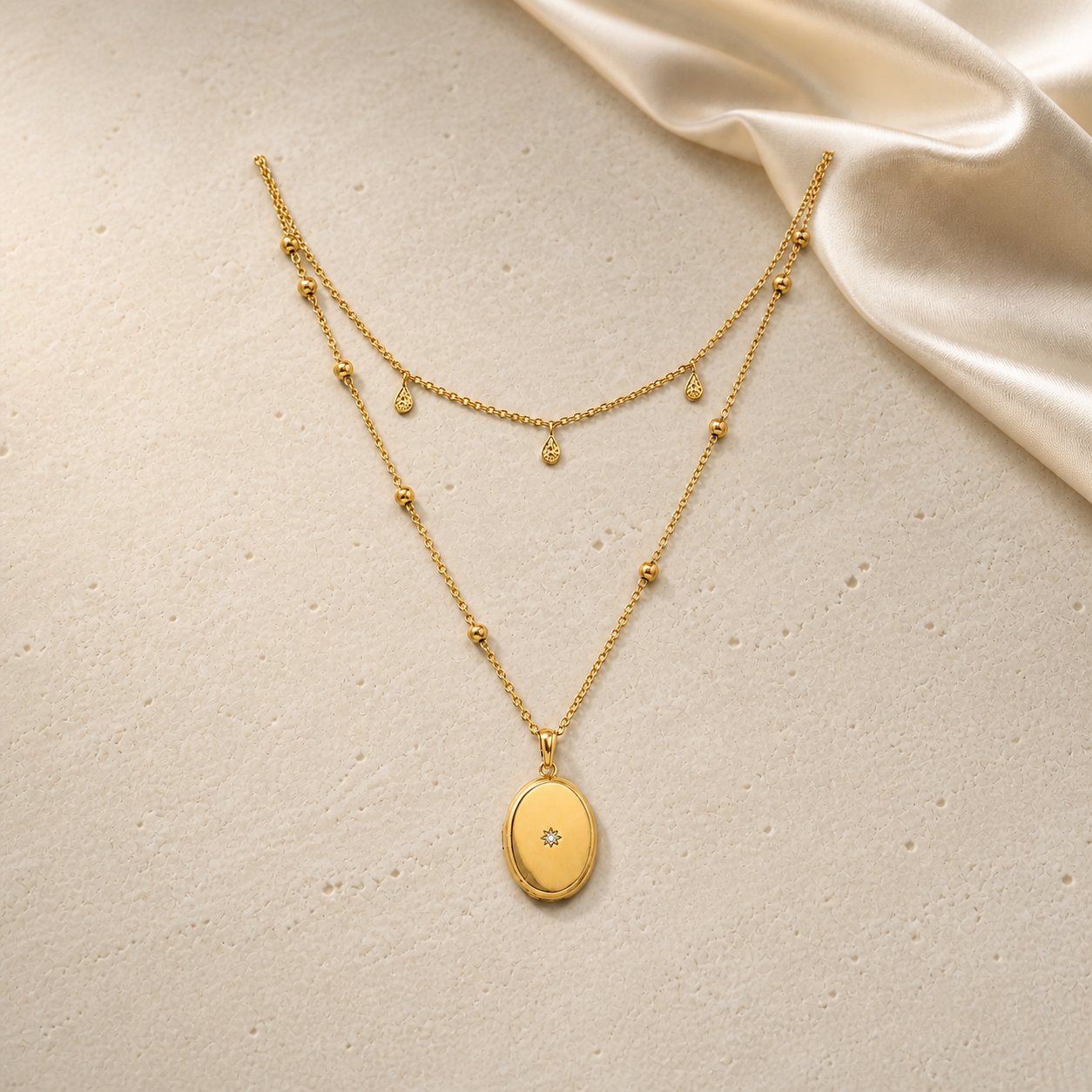 Golden Keepsake layered necklace in gold on ivory travertine