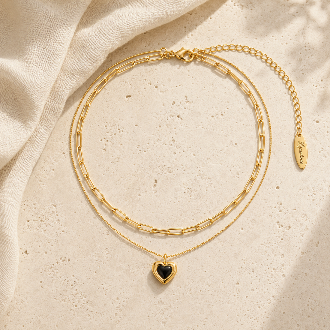 Heart Black Agate Double-Layer Layered Necklace