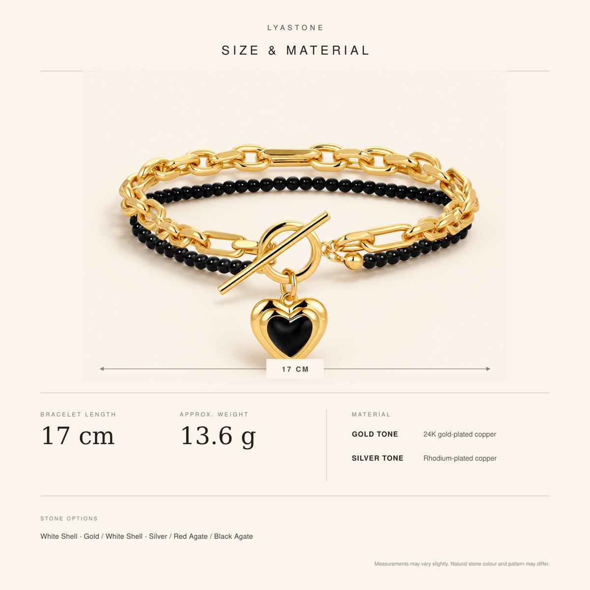 Amoura Heart Toggle Bracelet size and material guide showing 17 cm length and 13.6 g weight