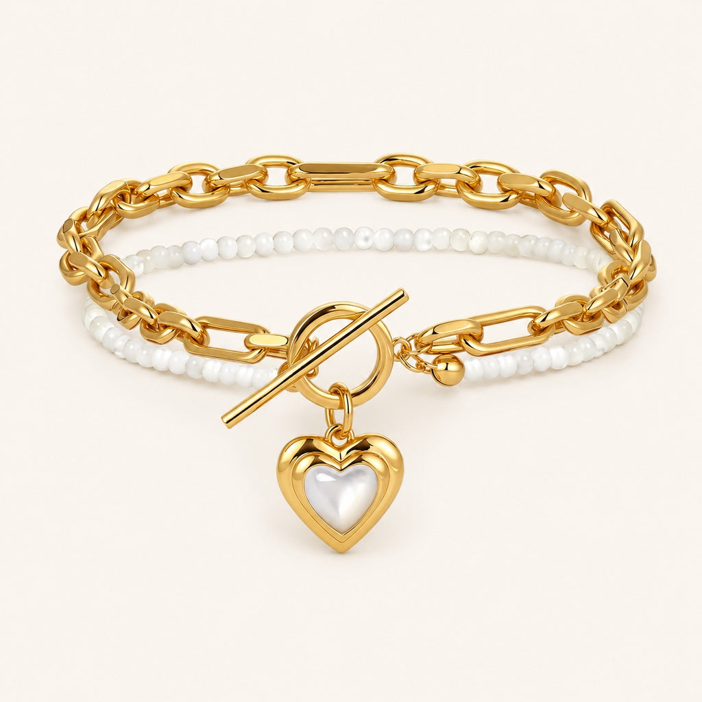 Gold-tone Amoura Heart Toggle Bracelet with white shell beads