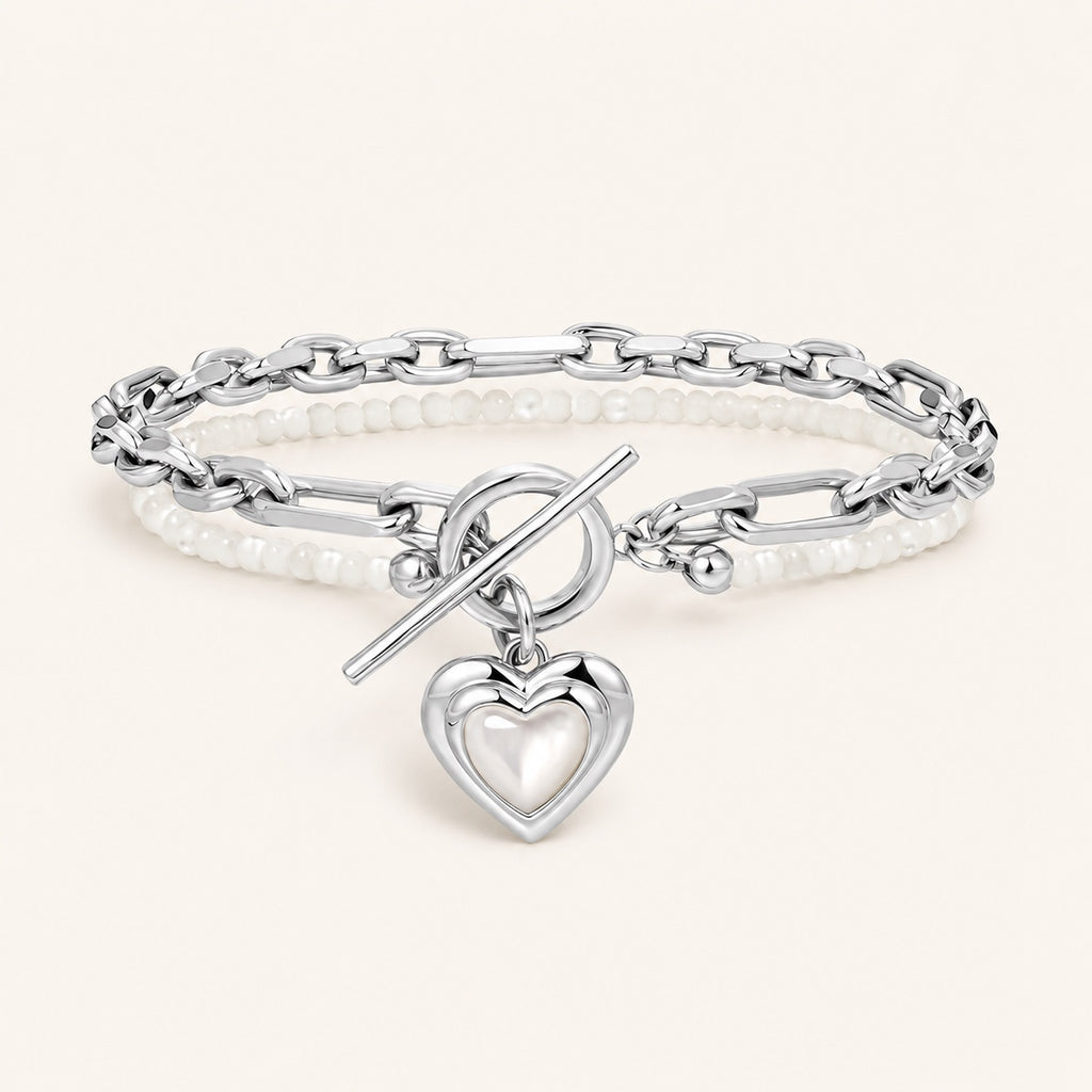 Silver-tone Amoura Heart Toggle Bracelet with white shell beads