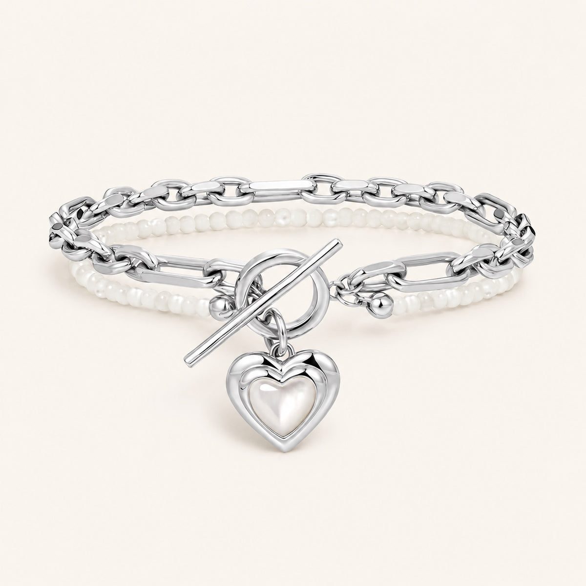 Silver-tone Amoura Heart Toggle Bracelet with white shell beads