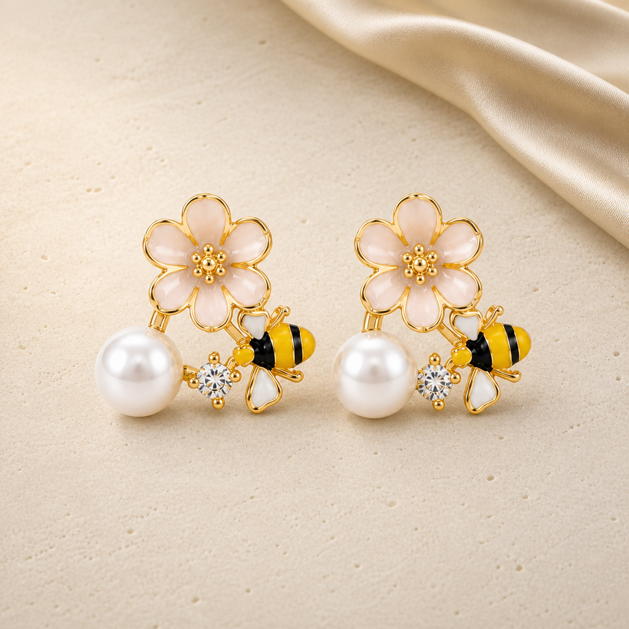 Honey Blossom Earrings with flowers bees and pearls