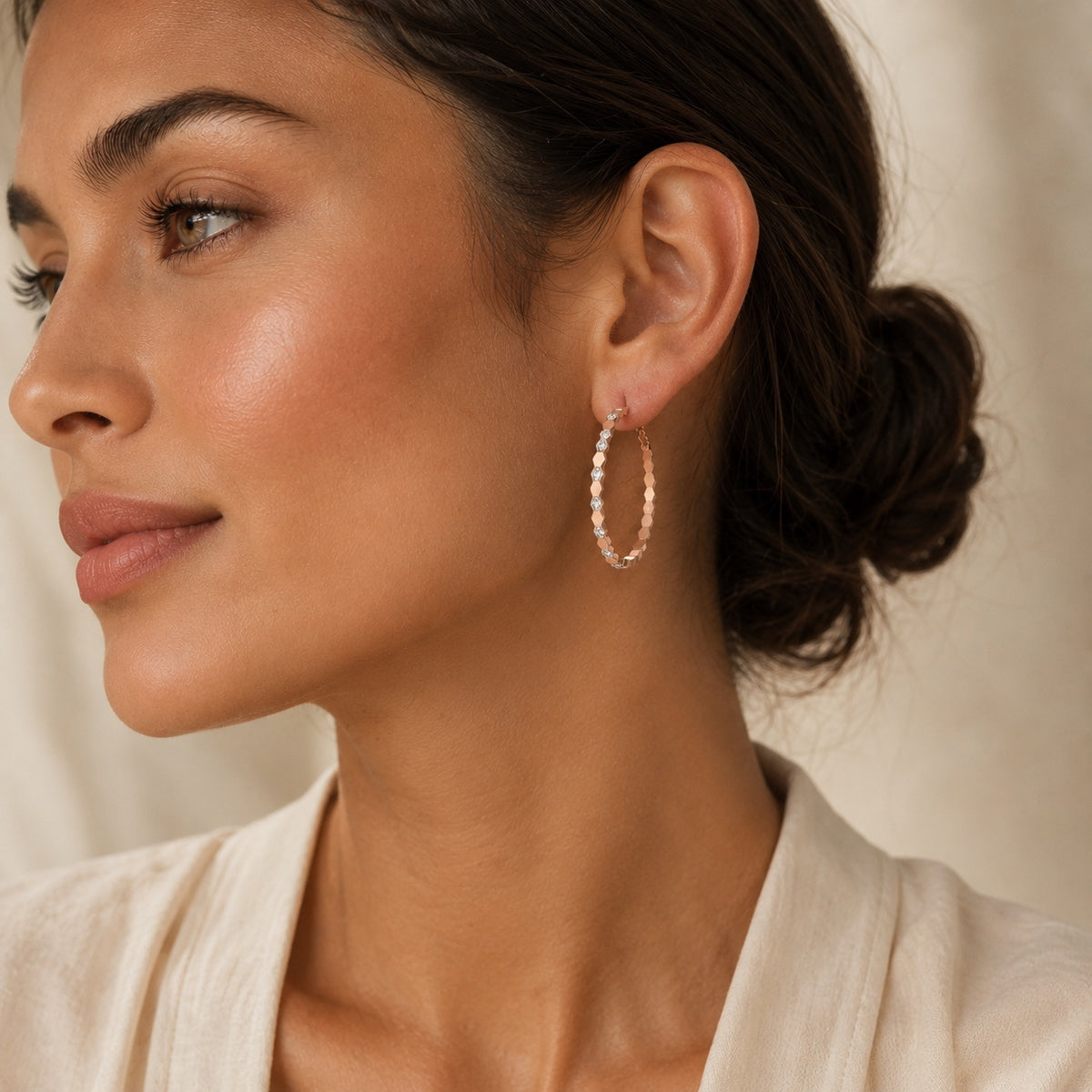 28mm rose gold honeycomb hoop earrings on model