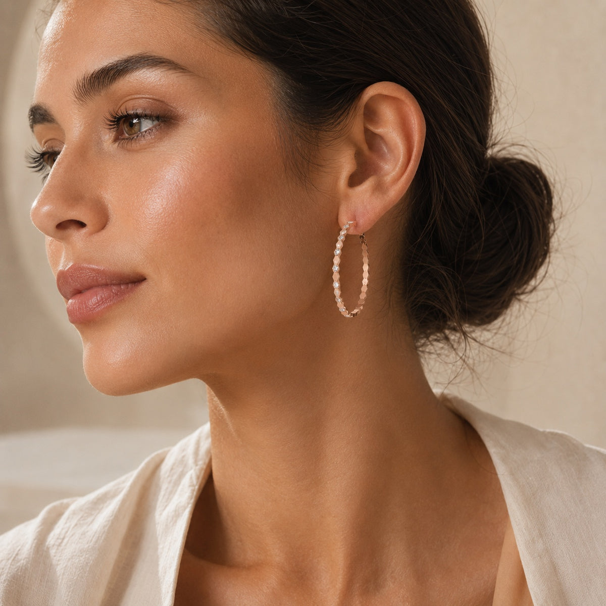 45mm rose gold honeycomb hoop earrings on model