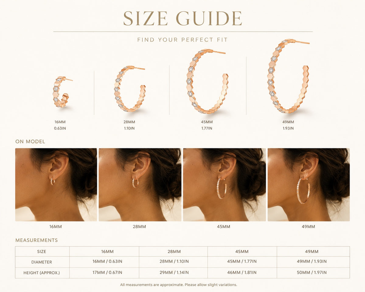 49mm rose gold honeycomb hoop earrings on model