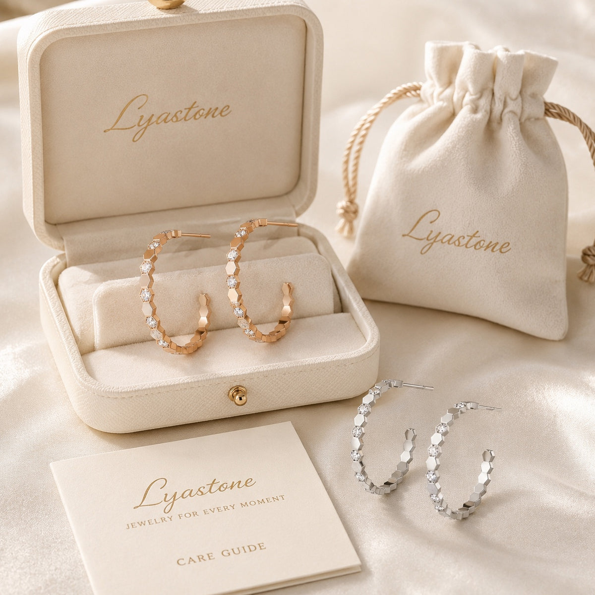 Lyastone gift packaging with honeycomb hoop earrings