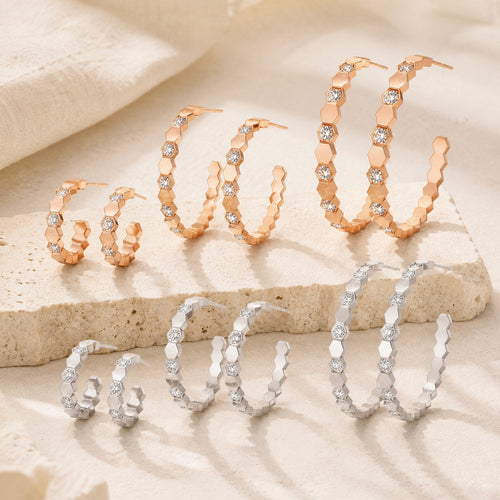 Honeycomb geometric hoop earrings in rose gold and silver, four sizes