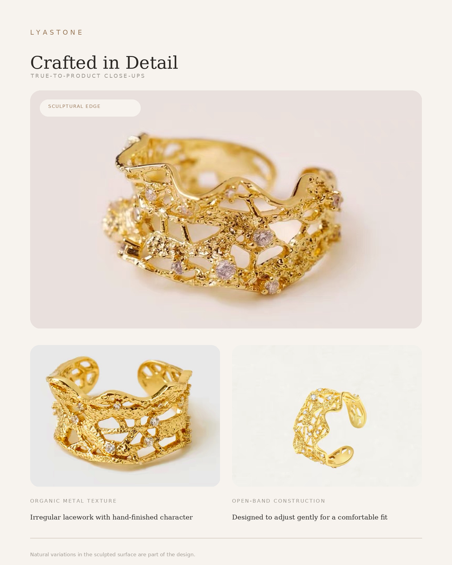 Close-up of Lyastone Lacework ring texture and cubic zirconia details