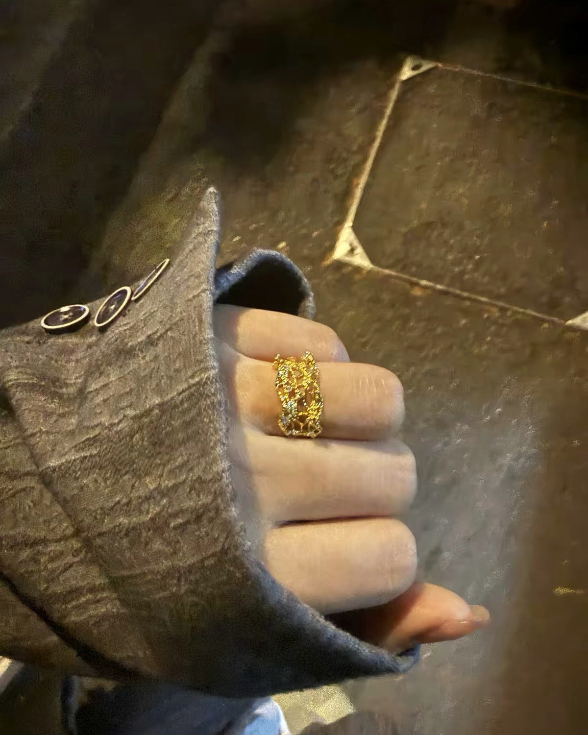 Gold Lacework Sculptural Open Ring styled for everyday wear