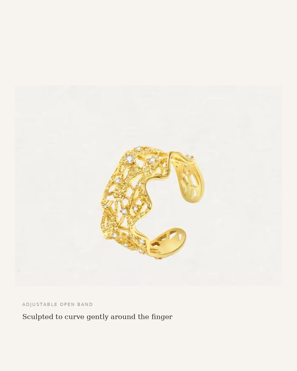 Lacework open band ring side angle showing adjustable opening